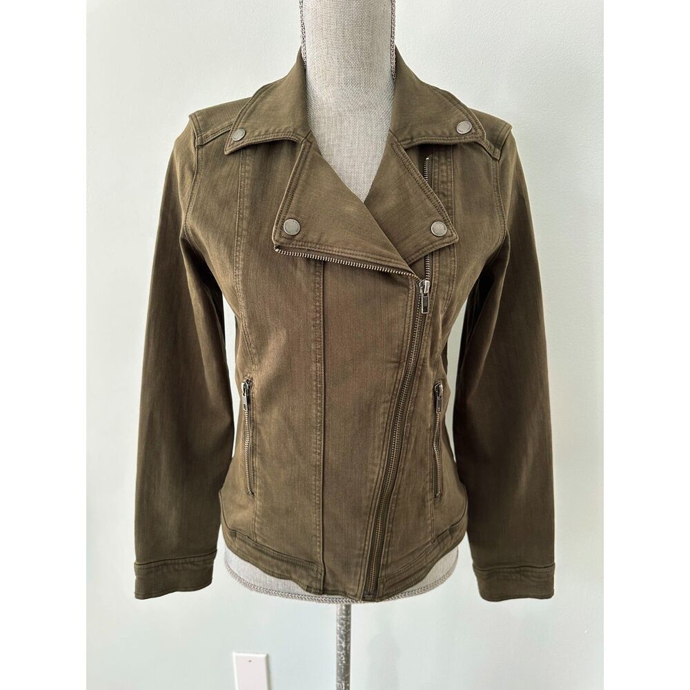 Liverpool Olive Green Denim Moto Jacket Asymmetric Zip Biker Utility Coat size S